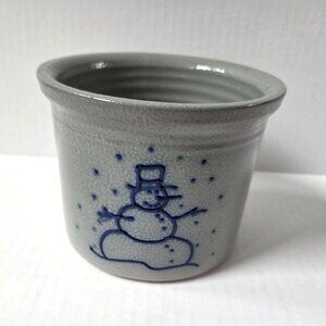 Eldreth Pottery Snowman Crock Blue Salt Glaze Christmas Winter Decor